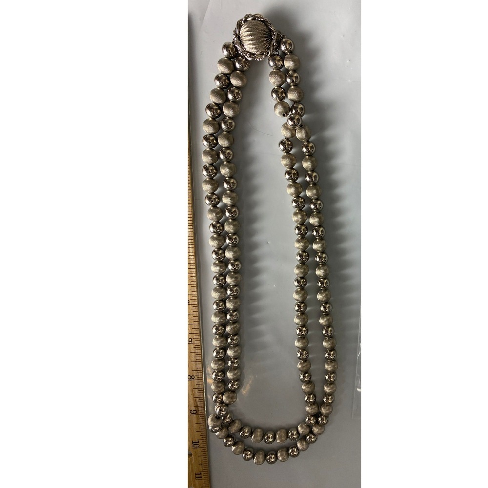 Vintage Silver Tone Double Strand Beaded Necklace Box Clasp 20 Inch Classic